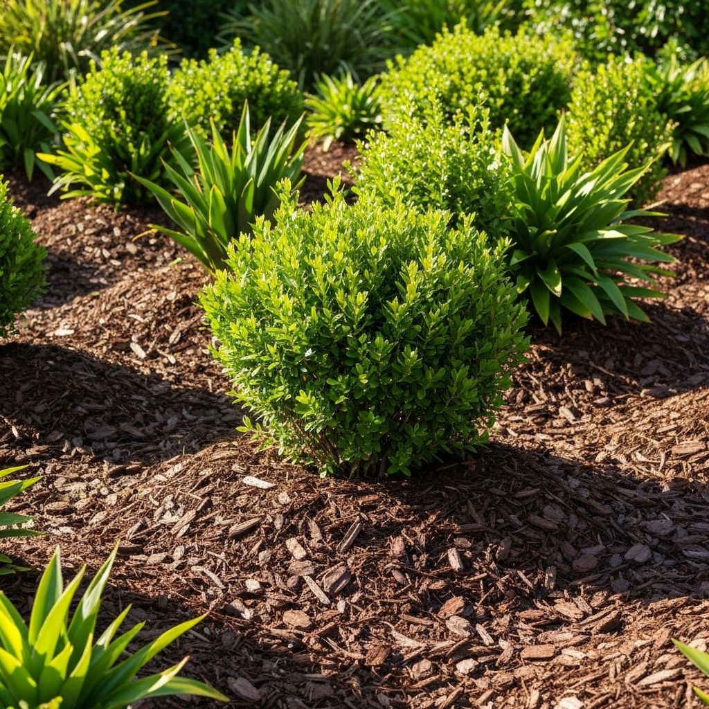 Fresh dark brown mulch spread around garden plants