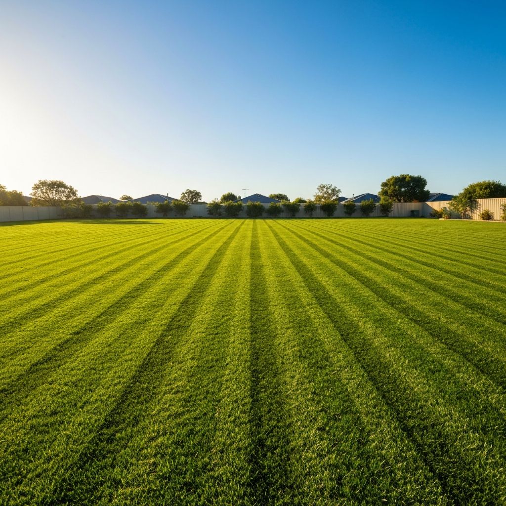 Freshly mowed green lawn with clean mowing lines